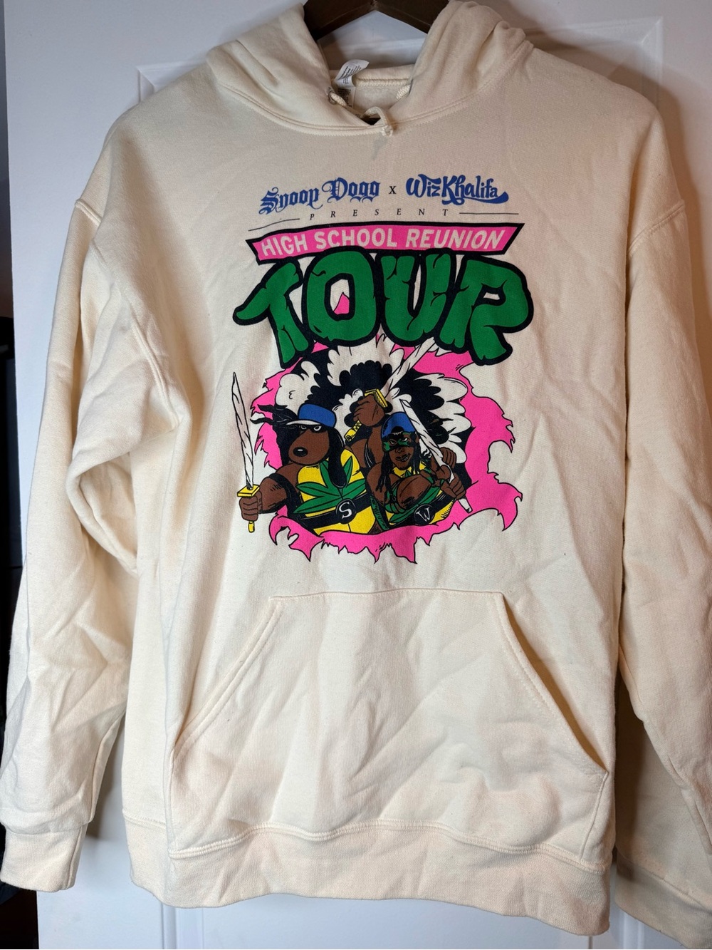 Jerzees Cream Graphic Hoodie with Green and Pink Tour Print